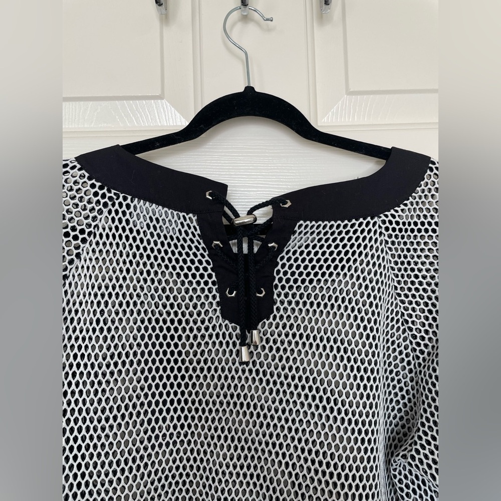 Hilton Hollis black and white mesh string tie swim vacation top shirt | XL - Picture 3 of 12